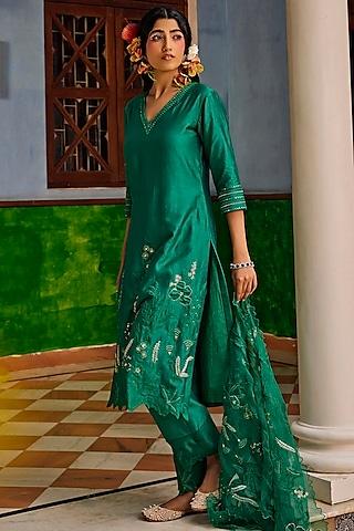 forest green chanderi applique embroidered kurta set