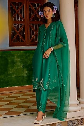 forest green chanderi applique embroidered kurta set