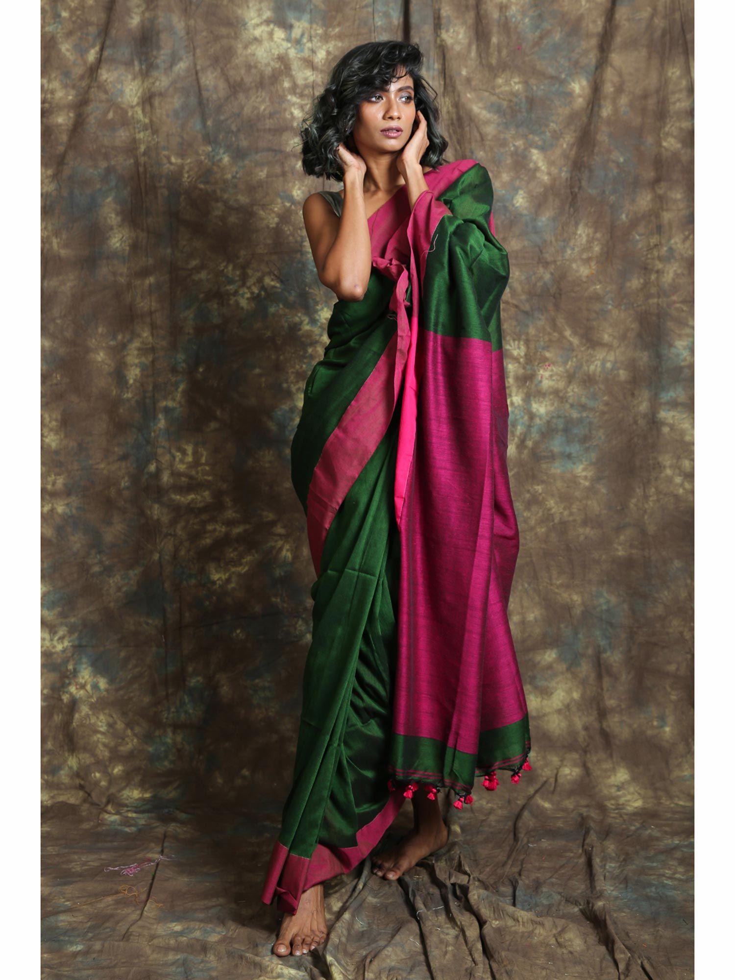 forest green cotton handloom saree with unstitched blouse