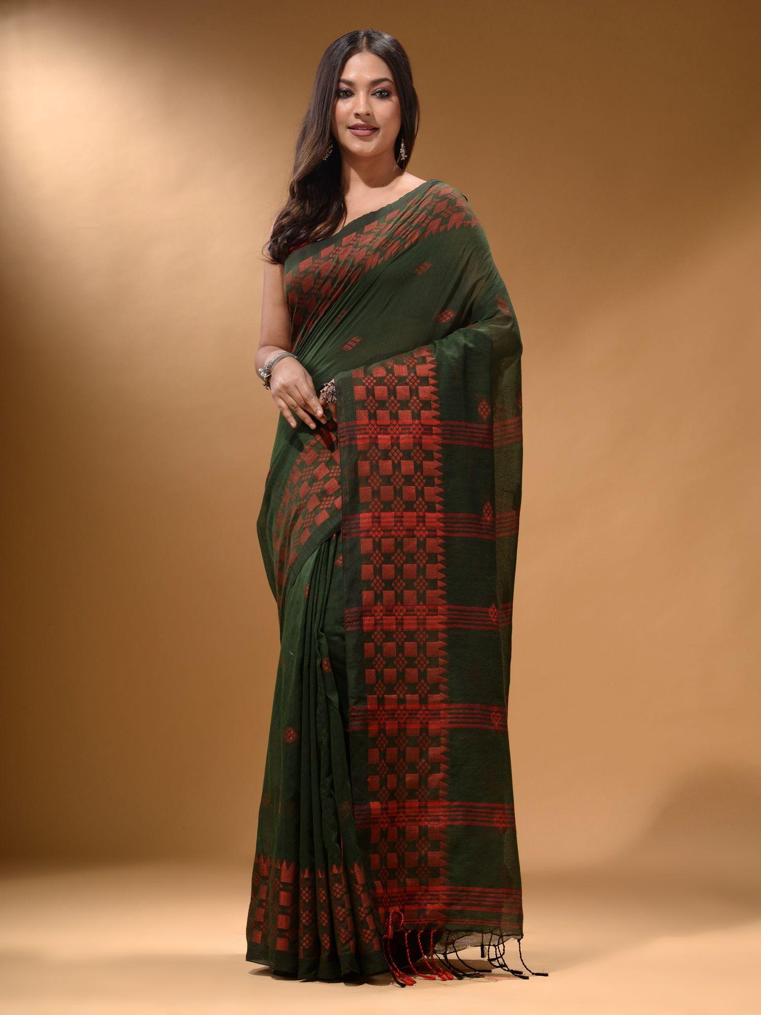 forest green cotton handspun soft geometric border saree with unstitched blouse