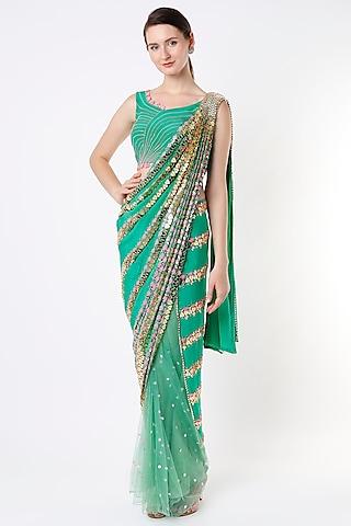 forest green crepe & tulle embroidered pre-stitched saree set