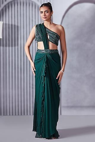 forest green crepe chiffon one-shoulder draped saree set