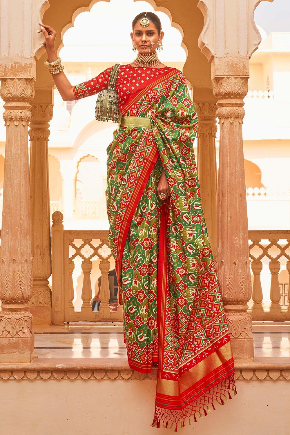 forest green digital patola silk with gold lagdi patta