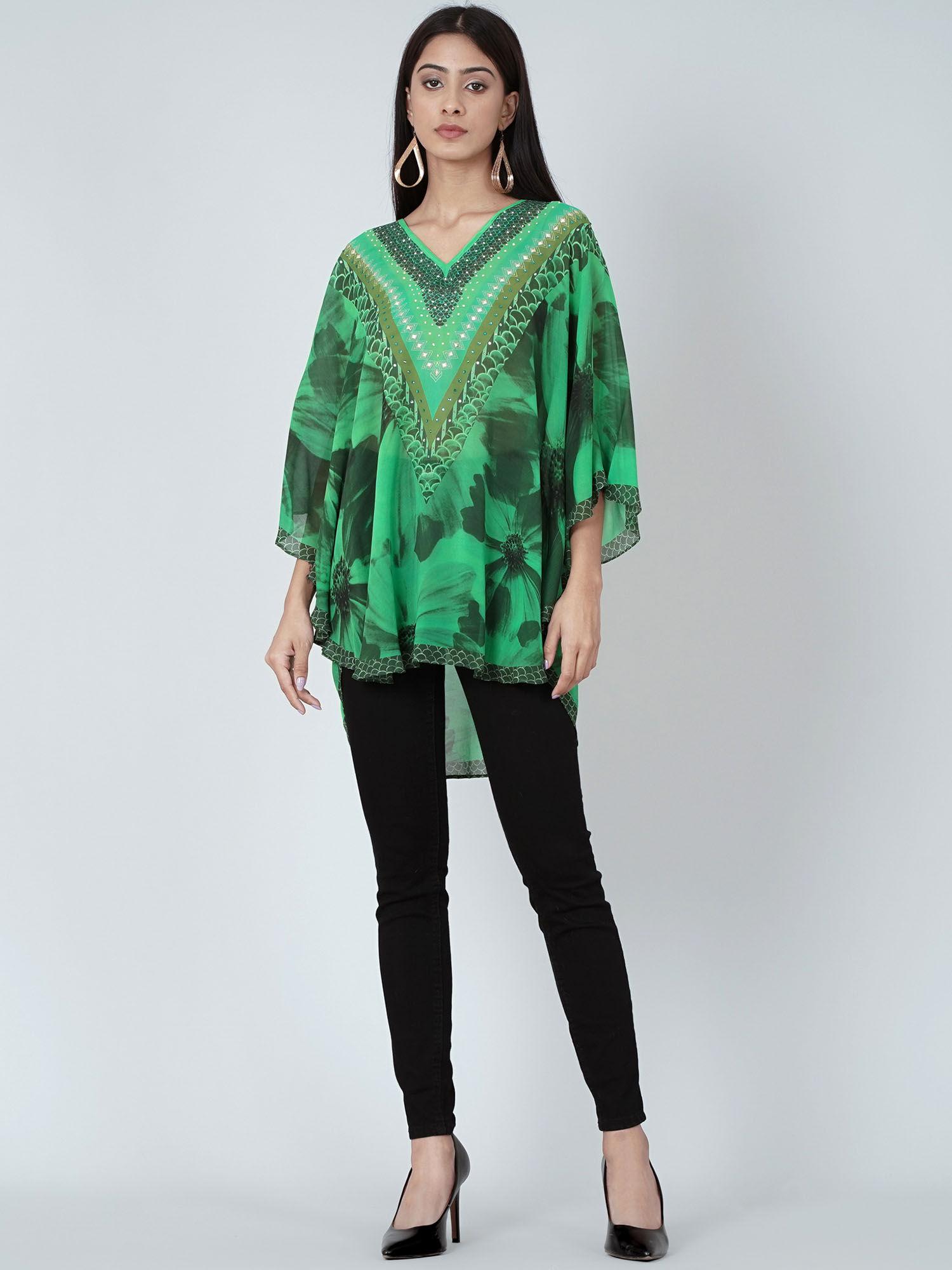 forest green embellished floral tunic