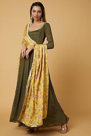 forest green embroidered anarkali set