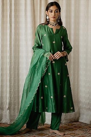 forest green embroidered flared long kurta set