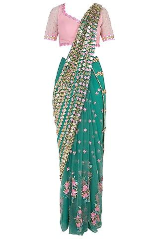 forest green embroidered pre-stitched saree set