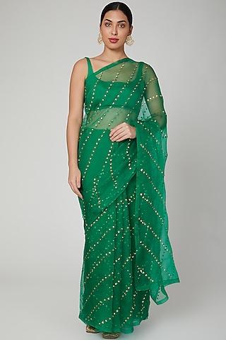 forest green embroidered saree set