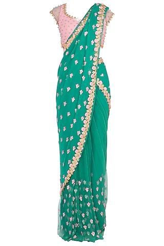 forest green embroidered saree set