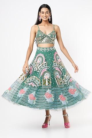 forest green embroidered short lehenga set