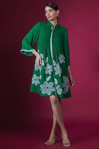 forest green georgette floral hand embellished pleated straight tunic