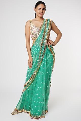 forest green georgette pre-stitched saree set