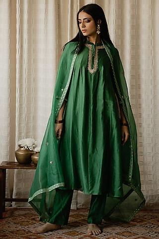 forest green hand embroidered flared long kurta set