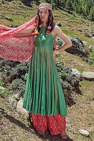 forest green hand embroidered kalidar anarkali set