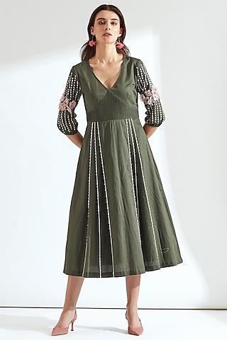 forest green hand embroidered midi dress