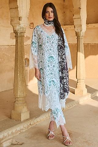 forest green lawn cotton printed & chantilly lace kurta set