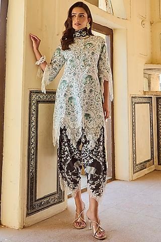 forest green lawn cotton printed & chantilly lace kurta set