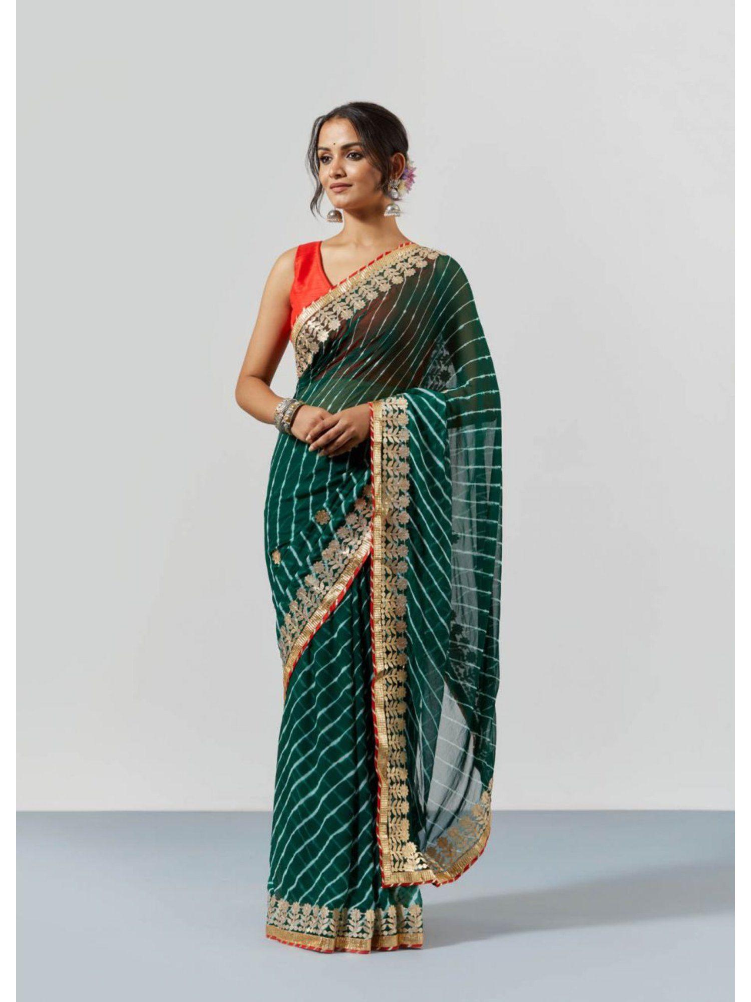 forest green leheriya stripes gota patti saree with unstitched blouse