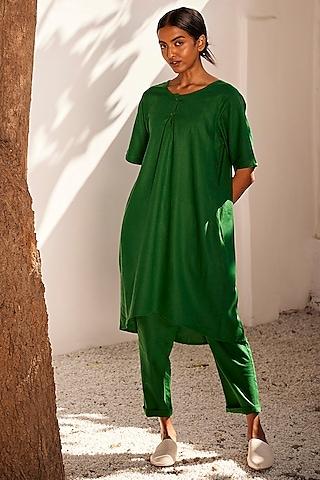 forest green linen tunic set