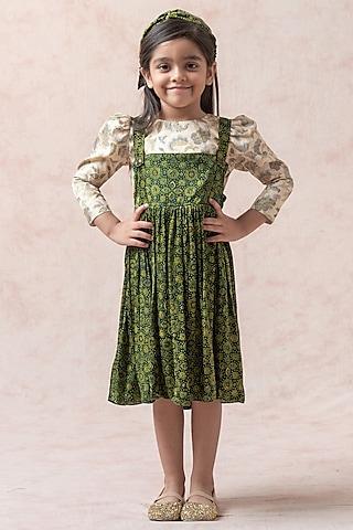 forest green modal satin ajrakh printed gathered dress for girls