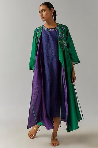 forest green organic silk hand embroidered angrakha jacket dress