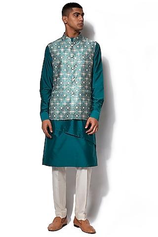 forest green printed jacket with kurta set