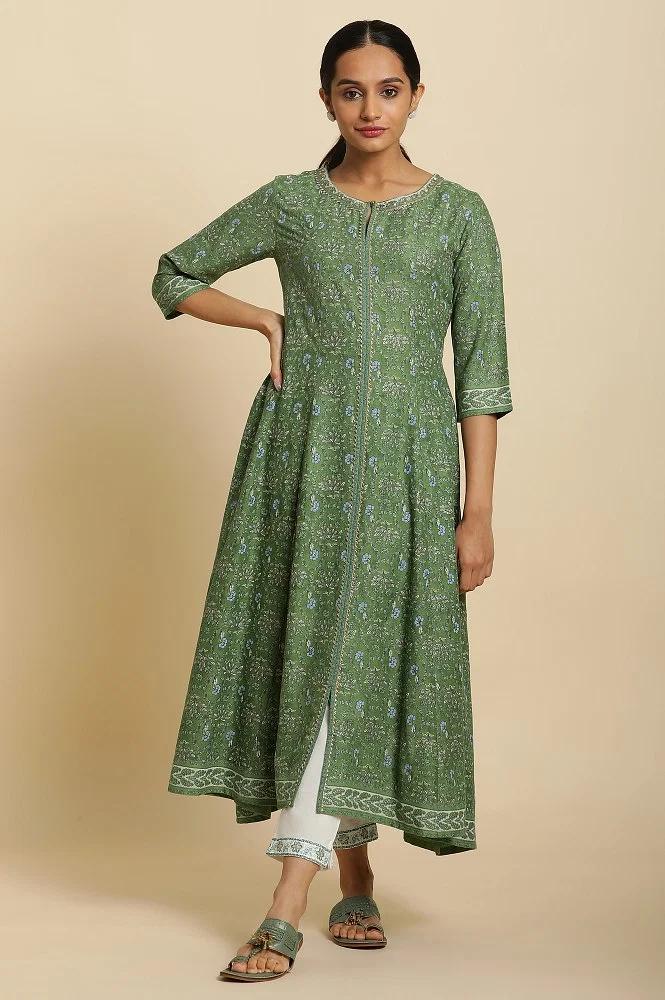 forest green printed panelled kurta