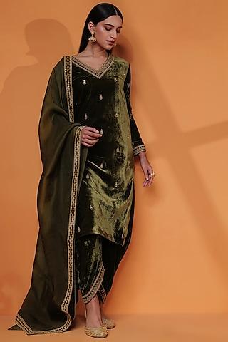forest green pure silk velvet embroidered kurta set