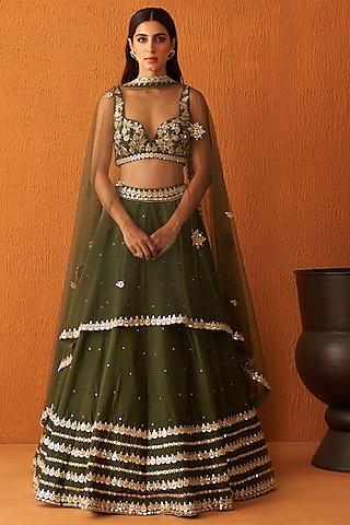 forest green raw silk embroidered lehenga set