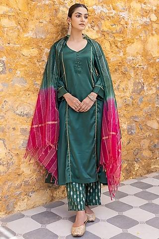 forest green satin a-line kurta set