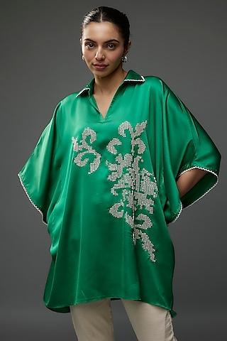 forest green satin floral hand & machine embellished boxy tunic