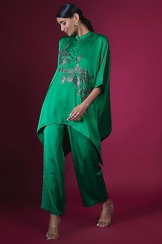forest green satin floral hand embellished asymmetric tunic