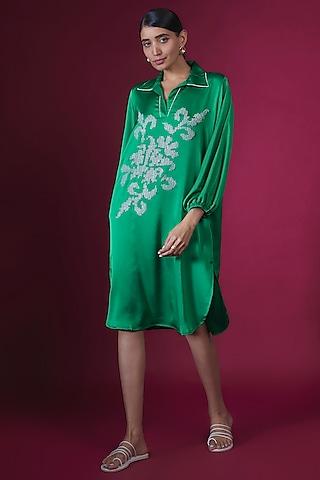 forest green satin floral hand embellished straight tunic