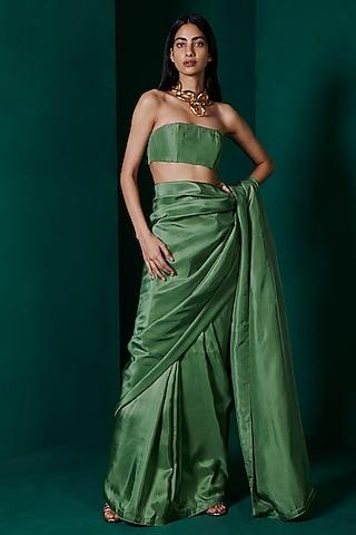 forest green silk handwoven saree set