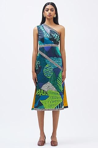 forest green silk satin crepe printed dress