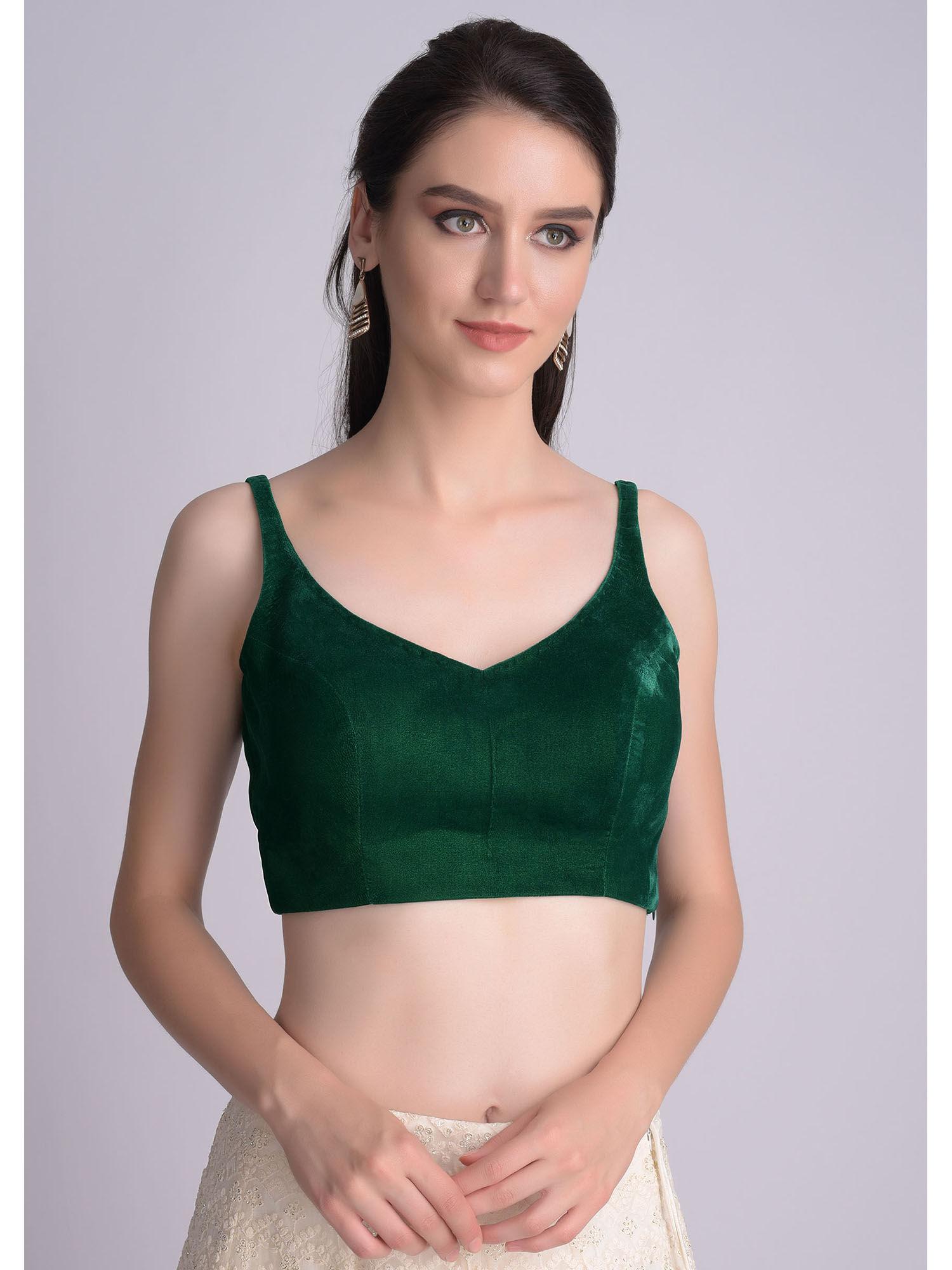 forest green sleeveless blouse in velvet with curved v neckline