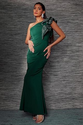 forest green stretch suiting embroidered one-shoulder gown