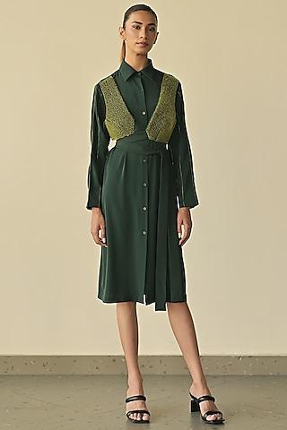forest green tessuti loop embroidered shirt dress