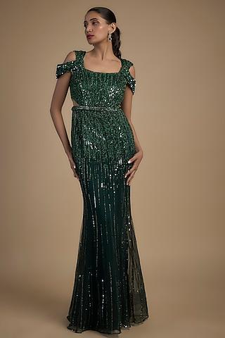 forest green tulle beads hand embellished mermaid gown