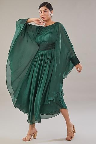 forest green viscose & cupro pleated kaftan dress