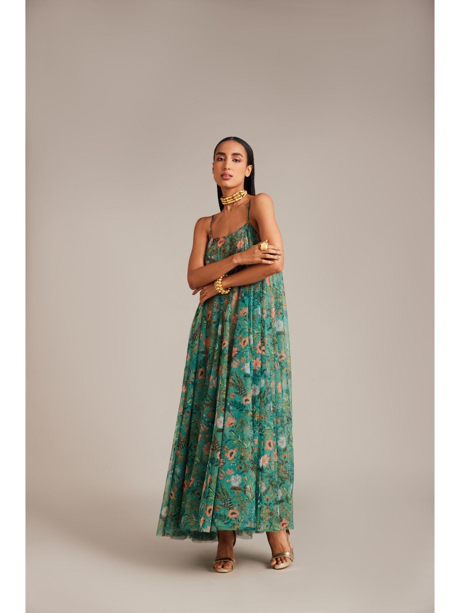 forest print tulle maxi dress
