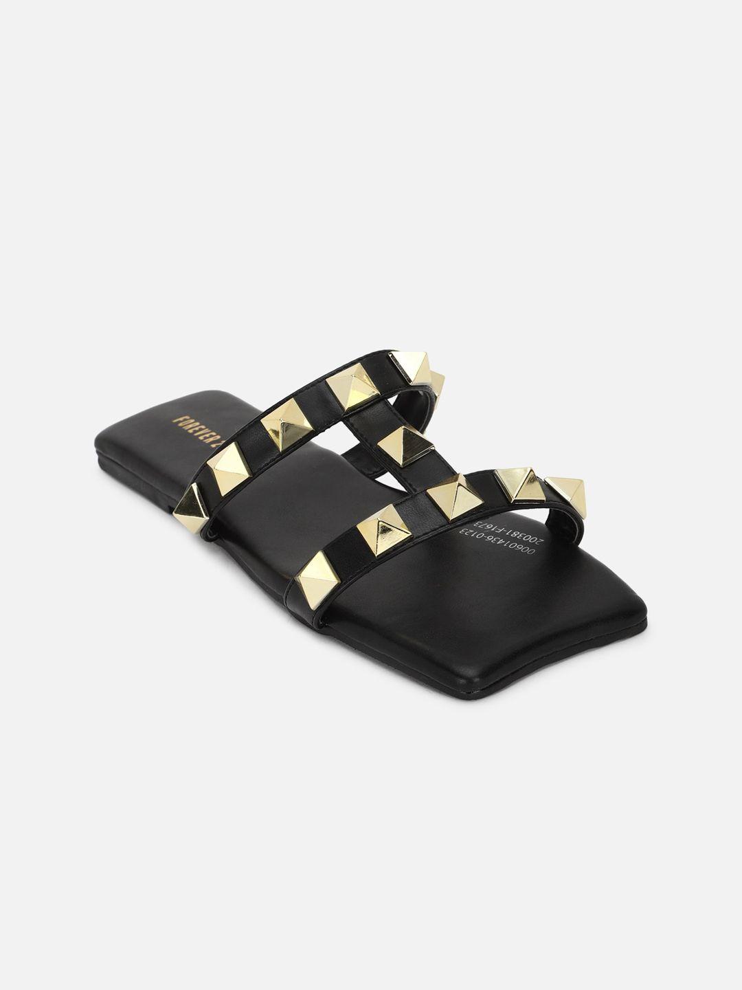 forever 21 black & gold-toned embellished open toe flats
