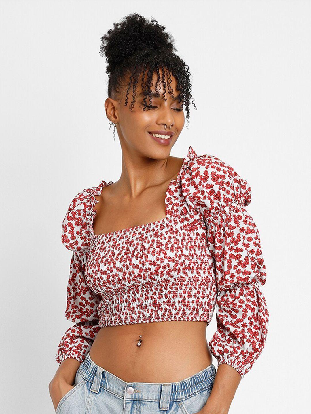 forever 21 floral printed puff sleeve smocked fitted crop top
