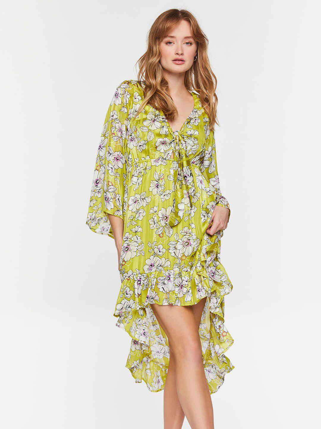 forever 21 green floral printed  tie up neck gathered detail a-line dress