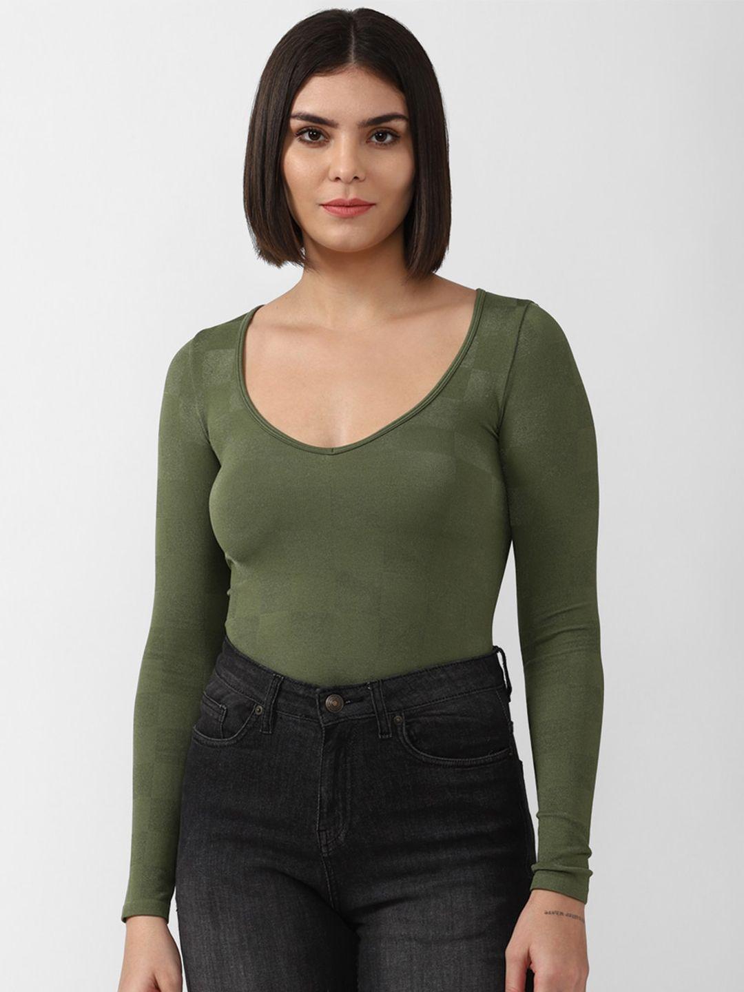 forever 21 green geometric printed scoop neck fitted top