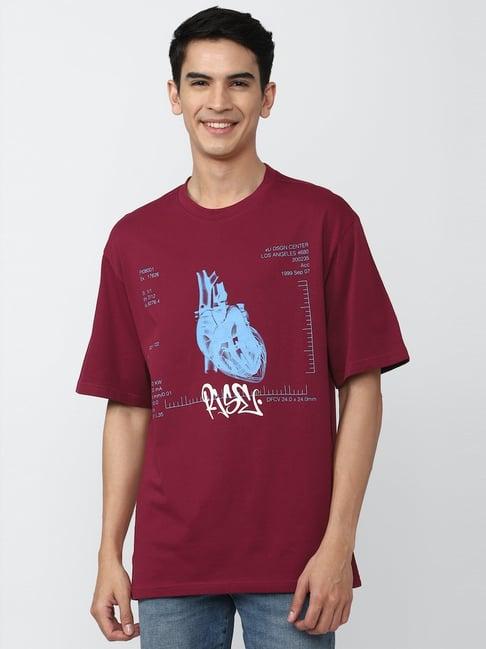 forever 21 maroon cotton regular fit printed t-shirt