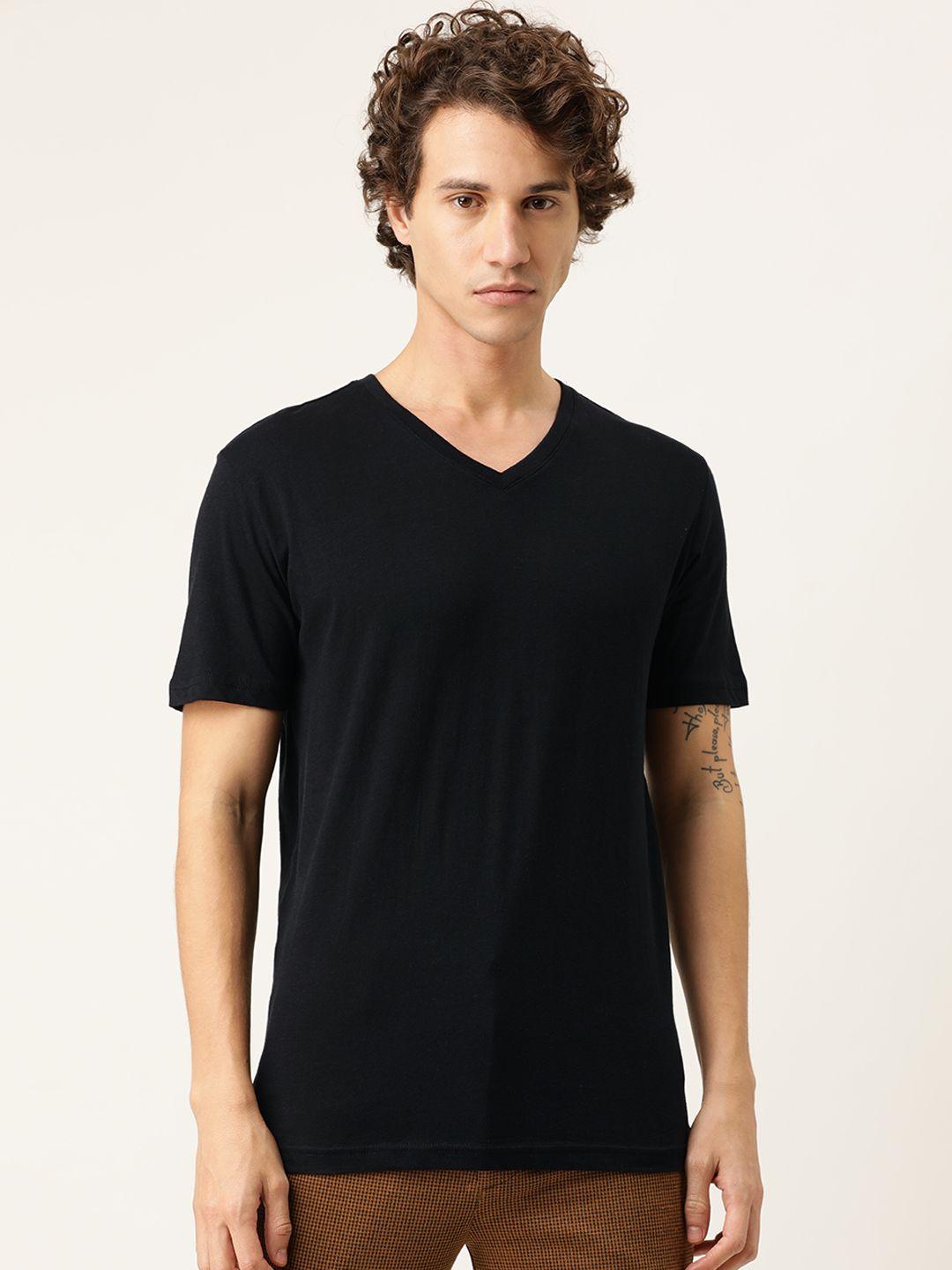 forever 21 men black solid v-neck pure cotton t-shirt