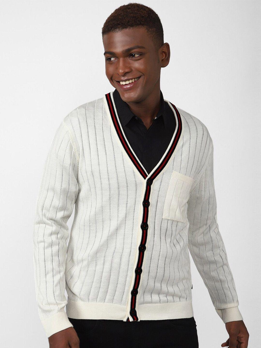 forever 21 men cream-coloured & black striped colourblocked cardigan