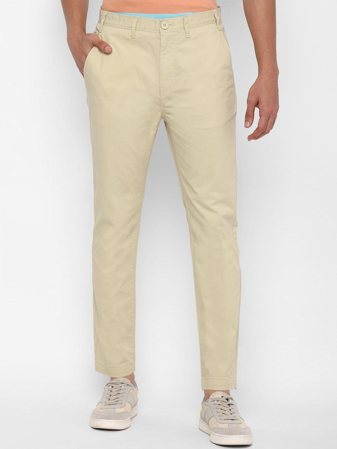 forever 21 men cream-coloured solid trousers
