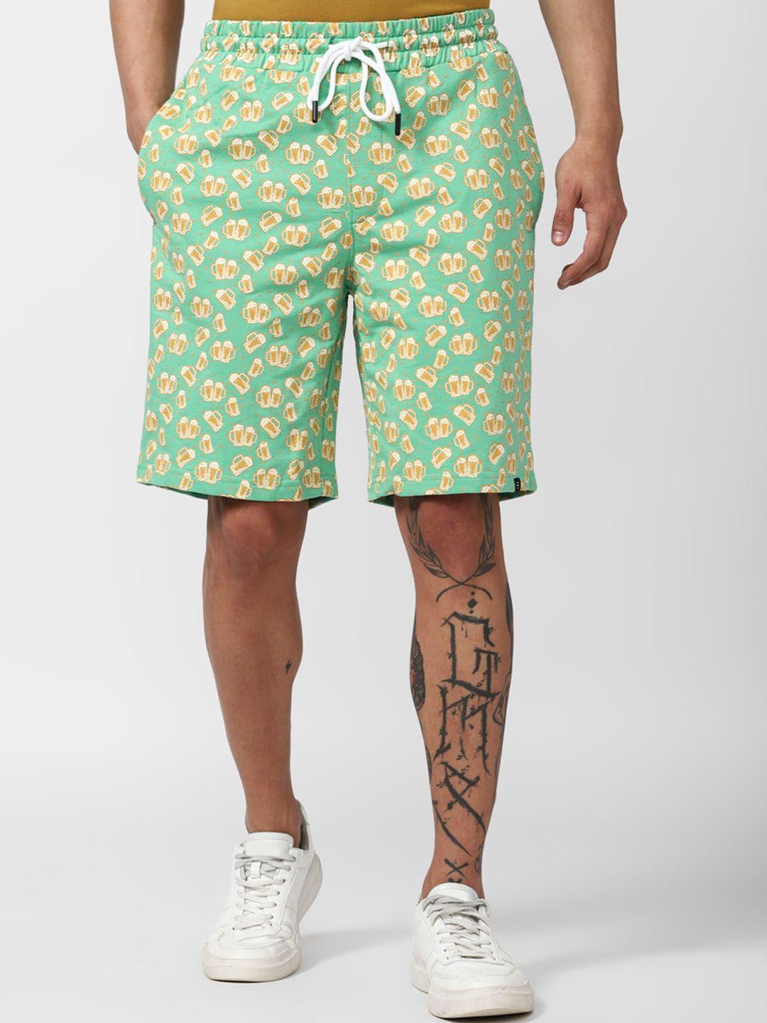 forever 21 men green conversational printed mid-rise knee length shorts